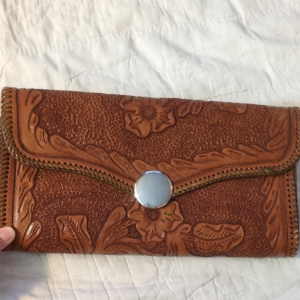 Brown Floral Embossed Leather Clutch Purse